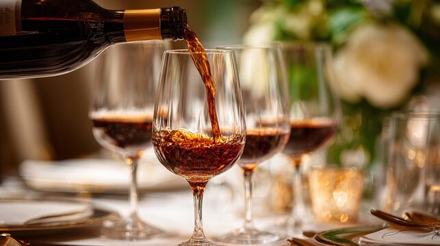 Red wine elegantly pouring into crystal glasses in a sophisticated dining setting with soft overhead lighting.