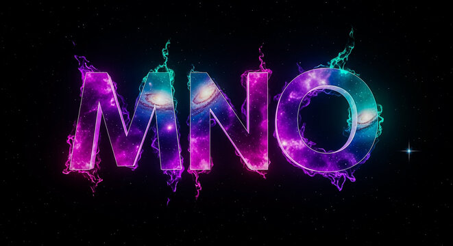 The letters M, N, and O are rendered in a glowing, ethereal style, filled with swirling nebulae and cosmic light, set against a deep black backdrop. - Powered by Adobe
