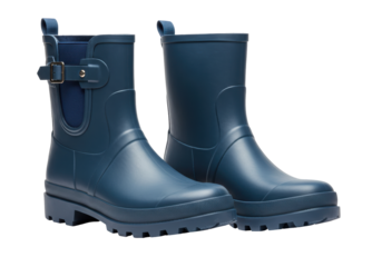 Isolated pair of blue rain boots, ankle-high, with an adjustable buckle strap, no person present