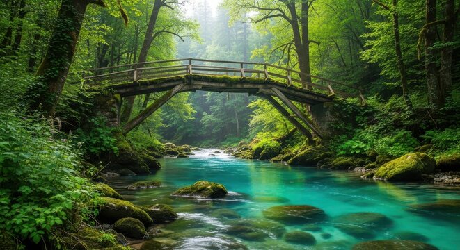 Enchanted Forest Bridge Over Crystal Clear Stream - Powered by Adobe