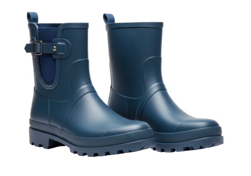 Isolated pair of blue rain boots, ankle-high, with an adjustable buckle strap, no person present