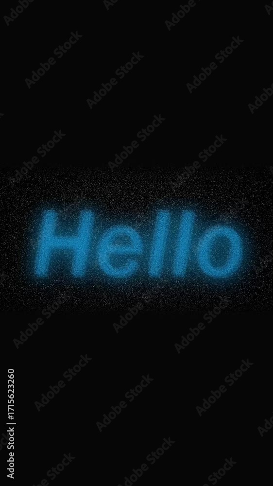 Poster animated hello with blue glow on dark background vertical video. animated hello text with blue glow 