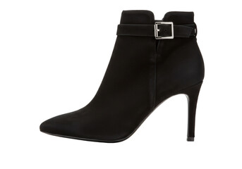 Isolated black ankle boot with high heel and strap with buckle, fashion item, elegant style