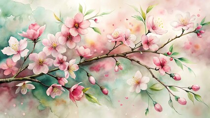Delicate watercolor painting of cherry blossom branches with soft pink flowers and buds on a blurred background