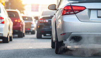 Air pollution from vehicle carbon emissions in a city traffic jam.