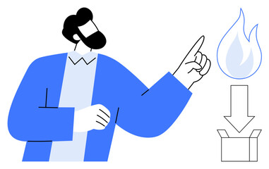 Man gestures toward an abstract flame with a downward arrow leading into a box. Ideal for creativity, innovation, problem-solving, focus, passion, goal-setting, and transformation concepts. Simple