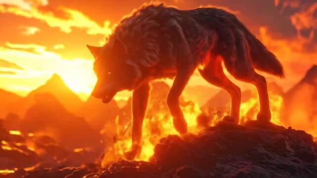 Fiery Wolf on Mountain Peak: Dramatic Landscape and Wildlife