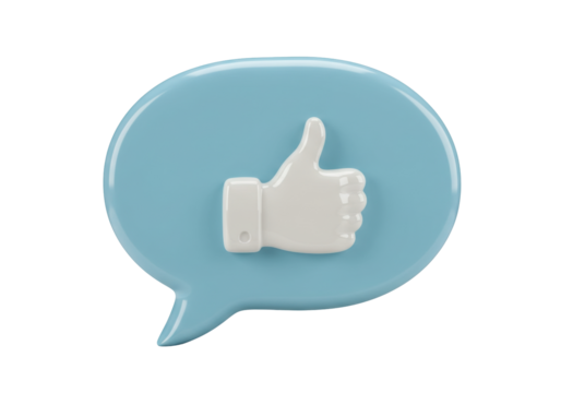 Isolated rendered 3d thumbs up like icon with speech bubble symbol for social media network