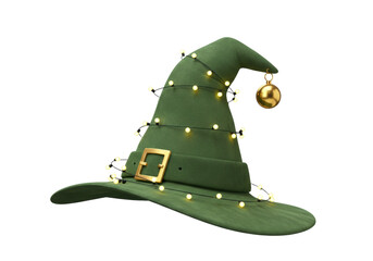 Isolated green witch hat with golden buckle and gold bauble for Christmas holiday season