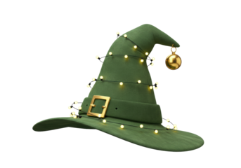 Isolated green witch hat with golden buckle and gold bauble for Christmas holiday season