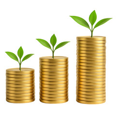 Three stacks of gold coins with growing plants isolated on transparent background
