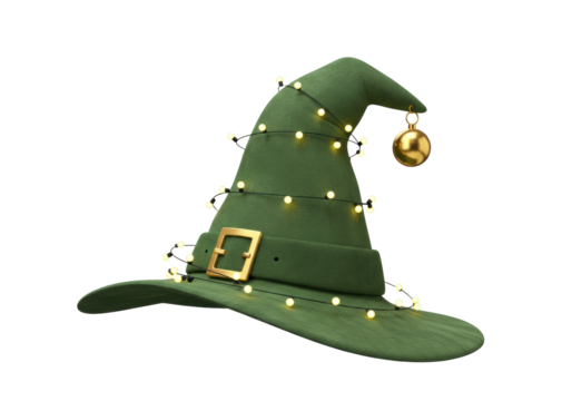 Isolated green witch hat with golden buckle and gold bauble for Christmas holiday season