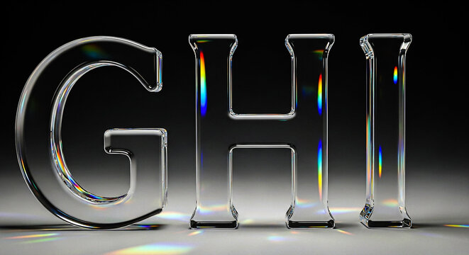 Three transparent glass alphabet letters, G, H, and I, are illuminated, casting colorful prismatic light and shadows on a dark, reflective surface.