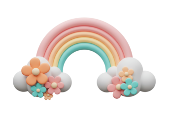 Isolated rainbow with clouds and flowers design, fun, whimsical, cute, children's art