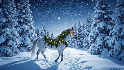 White horse with holiday lights walking through snowy forest as fireworks form 2026 in sky. Magical New Year greeting card animation. Symbol of New Year 2026 - Powered by Adobe