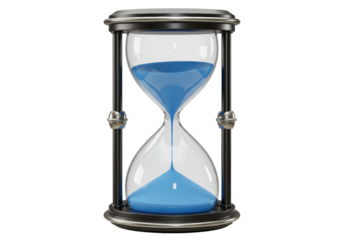 Isolated hour glass shows blue sand running out measuring duration passing deadline time