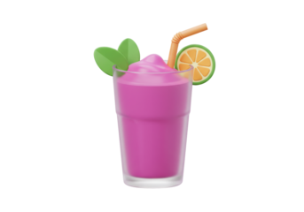 Isolated vibrant fruit smoothie with straw and green leaf, refreshing mixed drink, summer time
