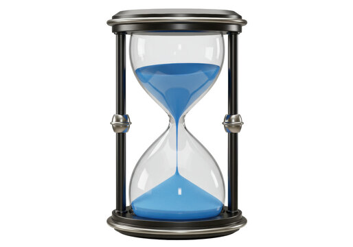 Isolated hour glass shows blue sand running out measuring duration passing deadline time