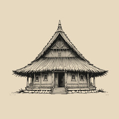 Hand drawn traditional thatched wooden hut with veranda on vintage beige background