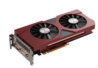 Isolated powerful computer graphics card with dual fan cooler for desktop gaming PC and cryptocurrency