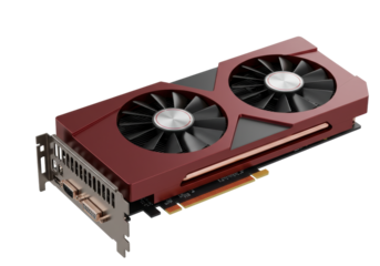 Isolated powerful computer graphics card with dual fan cooler for desktop gaming PC and cryptocurrency