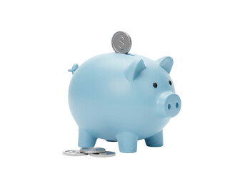 Isolated piggy bank filled with coin money stands on its paws, conceptual deposit savings
