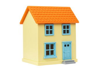 Isolated Two-Story Toy House with Orange Roof and Blue Door, Nostalgic childhood playtime