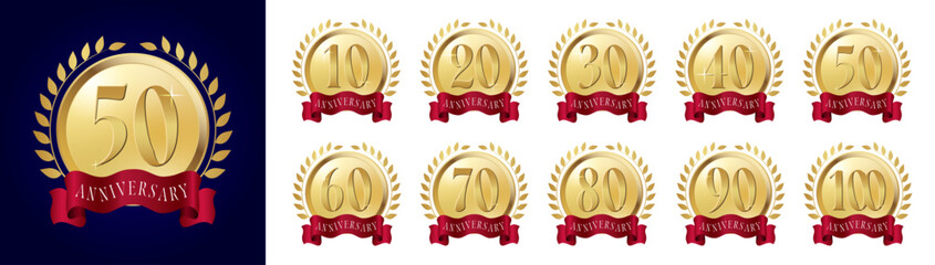 シンプルなgold/金のアニバーサリーロゴセット(10周年 20周年 30周年 40周年 50周年 60周年 70周年 80周年 90周年 100周年 お祝い 周年記念 イベント 設立記念 anniversary celebration logo ベクター 編集可能)	

