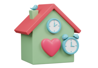 Isolated cartoon house with bird, heart, and clocks for real estate concept, no background