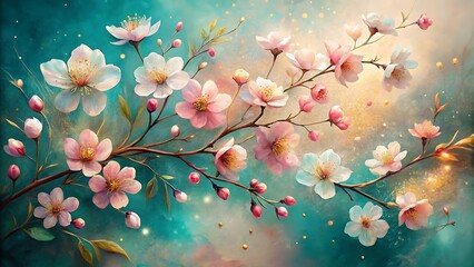 Delicate pink and white cherry blossoms bloom on a branch against a soft, ethereal turquoise and gold background