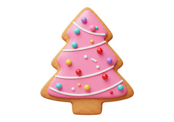 Isolated Christmas Tree Cookie with Pink Frosting and Sprinkles sweet holiday baked good