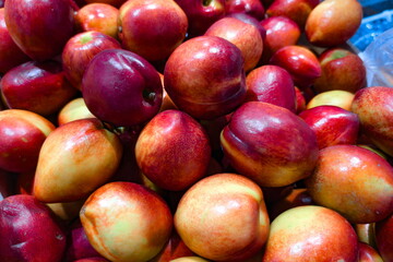 Fresh apples in vibrant colors displayed at a local market showcasing seasonal produce during a sunny afternoon