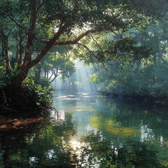 Fototapeta premium This stunning stock photo features a serene river flowing through a lush forest. Sun rays beautifully pierce the tree canopy, illuminating the clear, shimmering water.