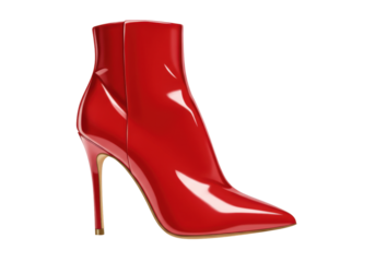 Isolated, shiny stiletto heel ankle boot, crimson red color, high-fashion footwear shoe