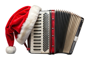 Piano accordion with black and cream keys wearing oversized red Santa Christmas hat, isolated on a transparent background