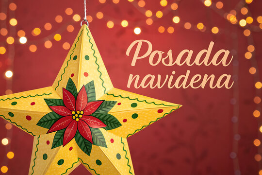Traditional mexican posada navidena star decoration with festive lights