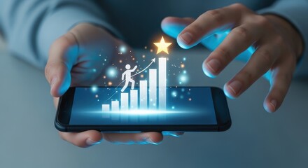 Hands holding mobile phone with growth chart and success concept on screen