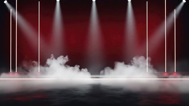 An empty, atmospheric stage is brilliantly lit by powerful spotlights from above, casting dramatic beams through thick, rolling smoke against a dark red backdrop. Glowing vertical light bars add a mod