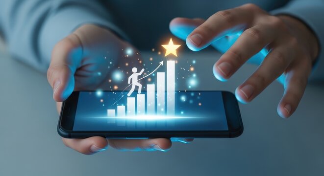 Hands holding mobile phone with growth chart and success concept on screen