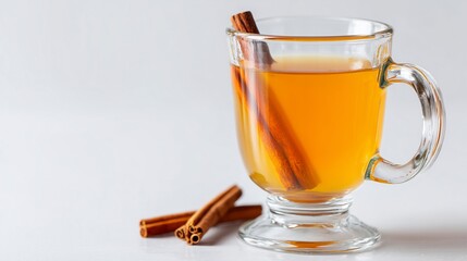 Hot apple cider in clear glass mug autumn street drink minimal cozy warm light clean white background detailed food photography