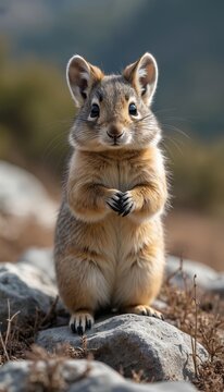 Endangered Ili pika stands on rocks in natural Chinese mountain habitat. Small, cute mammal with large ears, dark eyes rare wildlife sight. Brown fur blends with rocky terrain, need for conservation