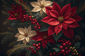 Festive red and cream poinsettias with berries and pine needles