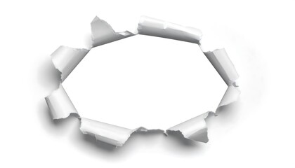 A meticulously crafted hole, torn through a sheet of white paper, reveals an empty space, showcasing the ragged edges of the ripped paper.