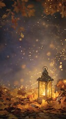 Lantern glowing softly among fallen autumn leaves 
