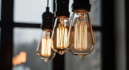 Three vintage edison light bulbs hanging in a row with a blurred background