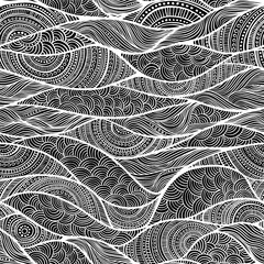 Hand drawn black and white boho chic tribal ethnic seamless pattern, textile texture and ornate motif, mixed media design for fabric, wallpaper, wrapping paper, fashion prints and decorative art 