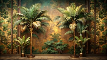 Fototapeta premium Lush palm trees stand tall against a textured wall adorned with jungle foliage and tropical motifs