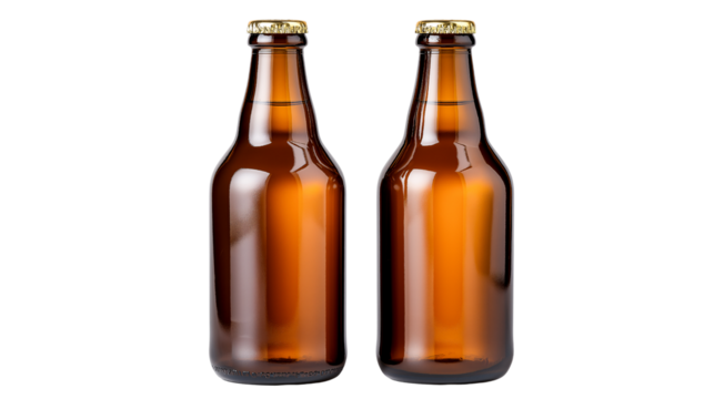 Twin Beer Bottles: Two elegant amber beer bottles stand side-by-side, their golden caps glinting under the light, offering a timeless representation of refreshment.