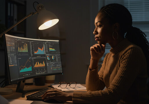 Focused African American woman analyzing data and financial charts on computer screen in a dimly lit home office at night, working late.