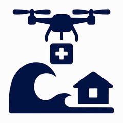 A vector design of a drone delivering medical supplies to a remote disaster area, in solid colors with a white background